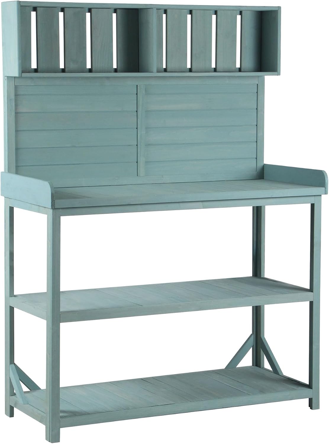 65 Inch Large Wooden Farmhouse Outdoor Potting Bench Table with 4 Storage Shelves & Anti-Falling Device, Rustic Patio Garden Workstation for Planting (Green)