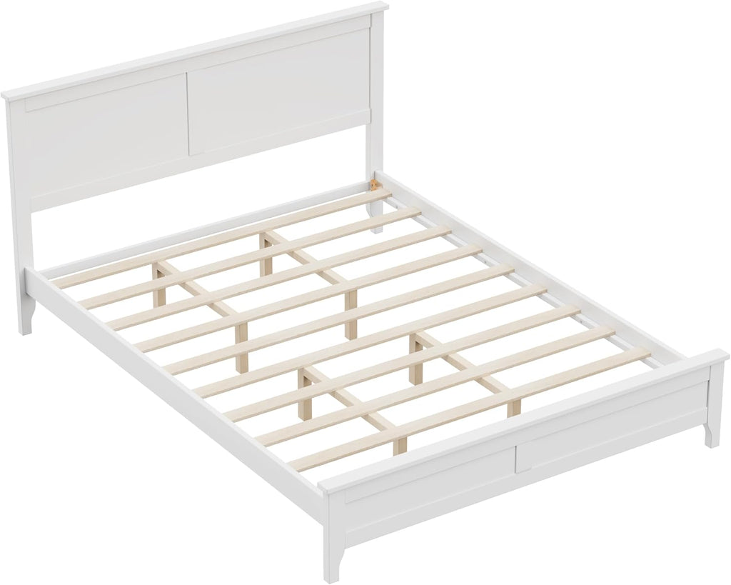 Queen Size Wood Bed Frame and Headboard, Modern Retro White Platform Beds Frames, Sturdy and Durable Design Mid Century Rustic Wooden Bedroom Set, No Box Spring Needed (White, Queen)