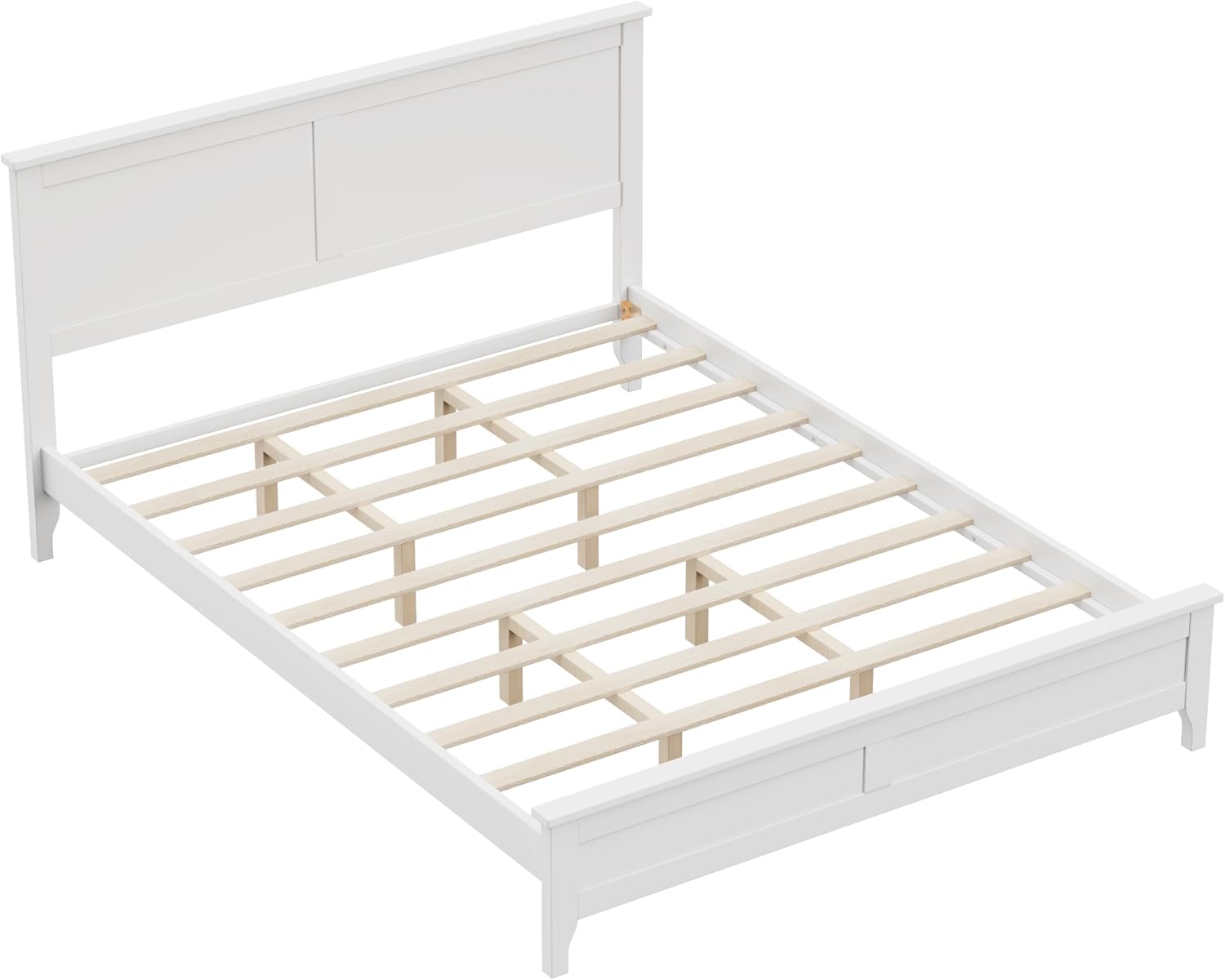 Queen Size Wood Bed Frame and Headboard, Modern Retro White Platform Beds Frames, Sturdy and Durable Design Mid Century Rustic Wooden Bedroom Set, No Box Spring Needed (White, Queen)