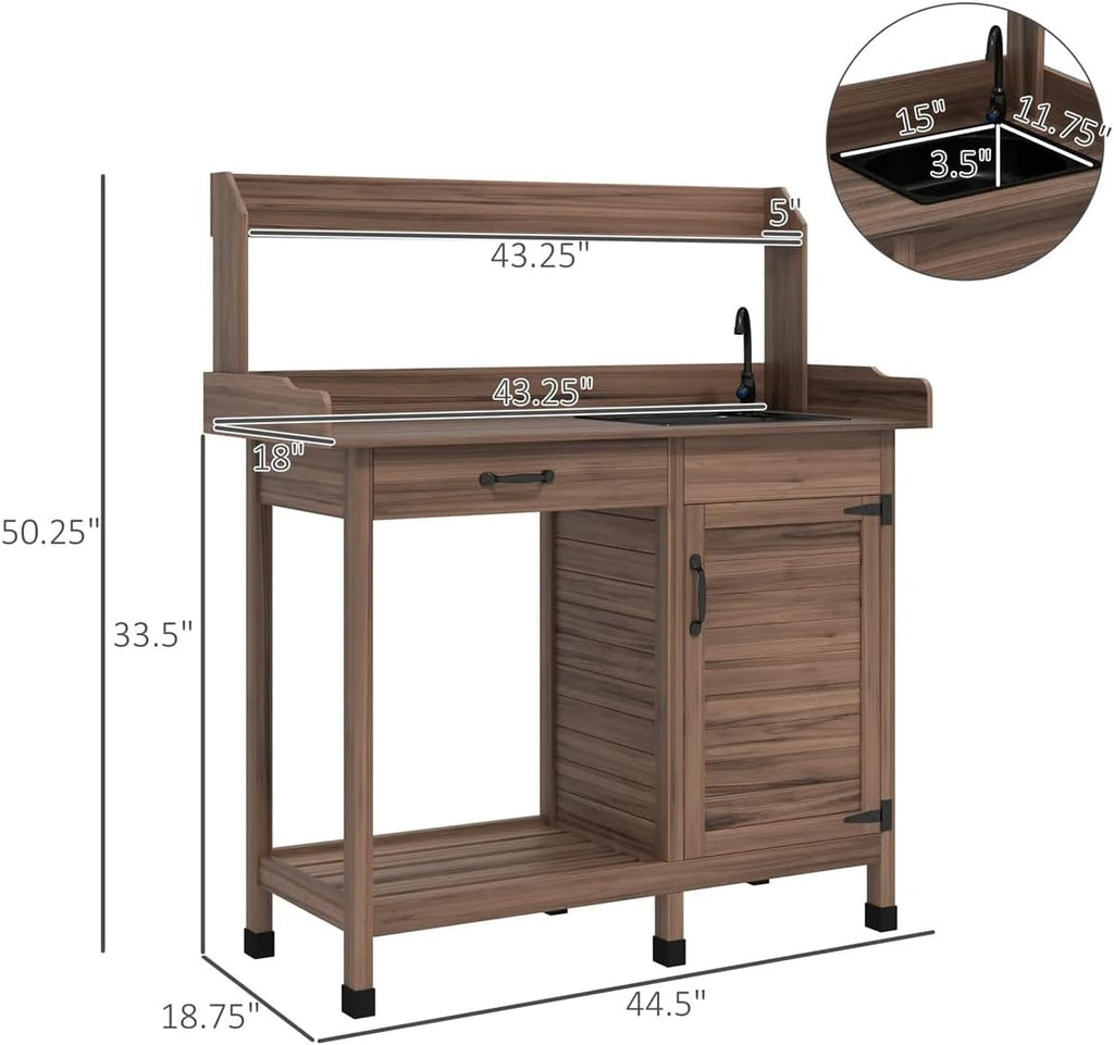 Natural Wood Outdoor Potting Bench with Storage Cabinet,Sink, Faucet and Hooks for Garden Lawn (Brown, 44.5 Inches)