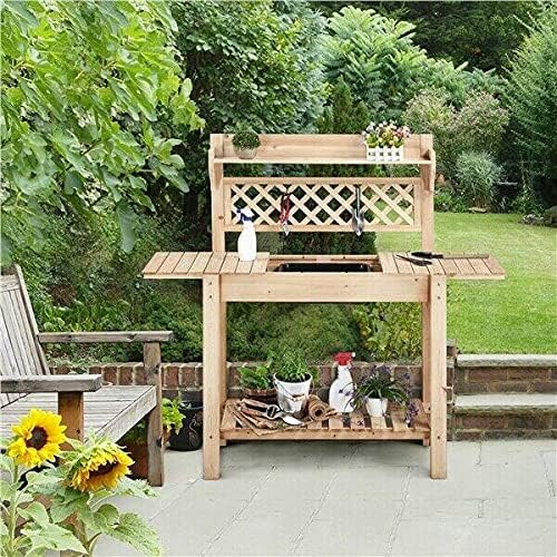 Prov Garden Potting Bench Table w/Sliding Tabletop Workstation w/Removable Sink Outside Patio Furniture Gardening Bench Gardening Table Curved Bench Small Porch Bench