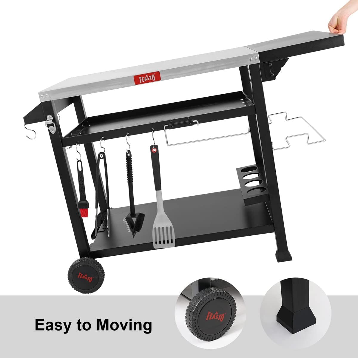 Feasto 40x26 Outdoor Grill Cart, Stainless Steel Tabletop, 3-Shelf Rolling | Pizza Oven Table, Pizza Oven Stand, BBQ Grill with Wheels for Food Prep, Outdoor & Indoor, Dining, Kitchen Cart Table