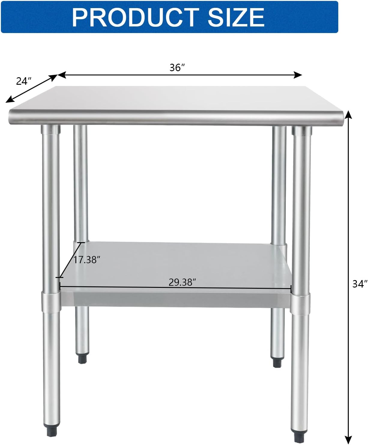 HARDURA Stainless Steel Table 24X36 Inches with Undershelf and Galvanized Legs NSF Heavy Duty Commercial Prep Work Table for Restaurant Kitchen Home and Hotel