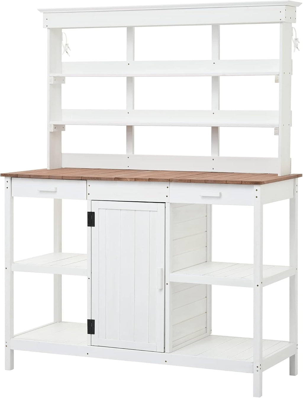 Flieks 50.2' W*66' H Large Garden Potting Bench Table with 2 Drawers, Cabinet and Open Shelves, Farmhouse Wooden Outdoor Work Bench, Patio Workstation for Garden, Patio, and Backyard (White)