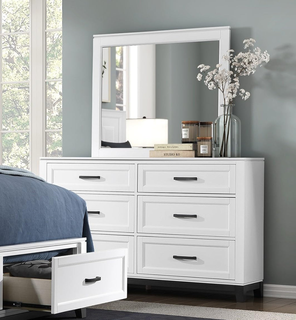 5 Pieces Full Size Bedroom Set White Finish Platform Bed with Storage Footboard Wooden Furniture