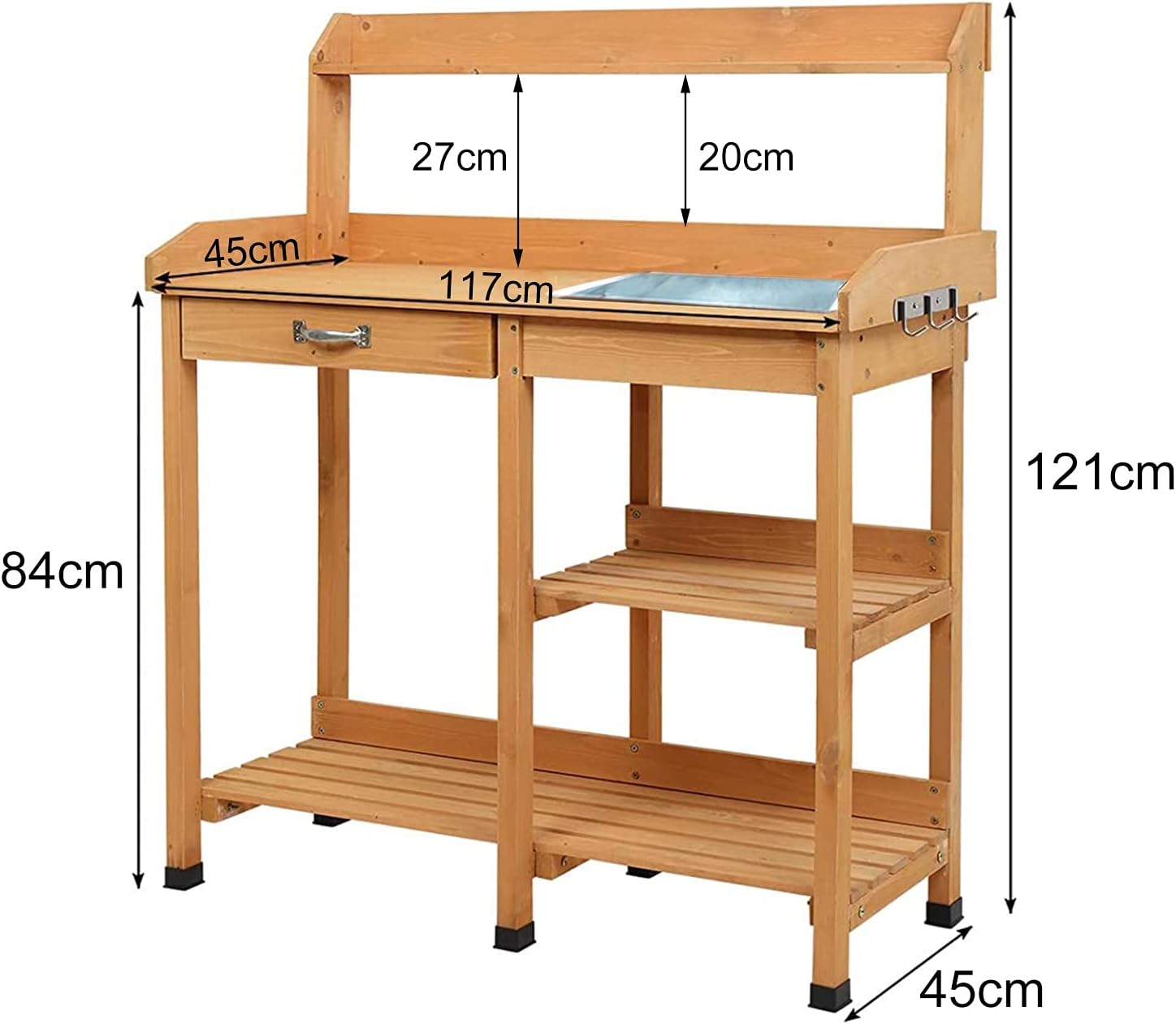 46 Inch Fir Wood Potting Bench Tables Wooden Outdoor Garden Workstation with Stainless Sink & Drawer Shelf Hook for Patio, Garden