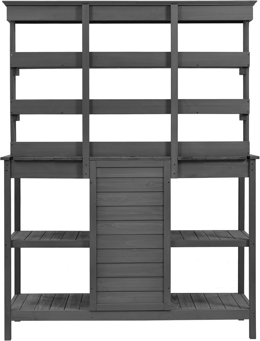 Potting Bench Table, 66 Inch Outdoor Farmhouse Wooden Garden Workstation with 2 Drawers Cabinet and Open Shelves for Backyard/Mudroom, Gray