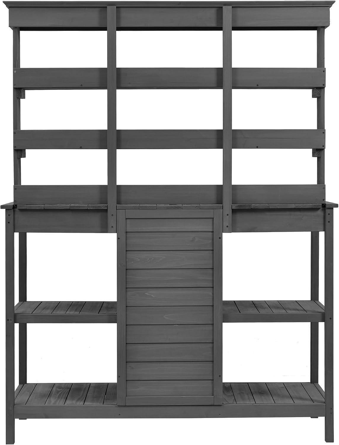 Potting Bench Table, 66 Inch Outdoor Farmhouse Wooden Garden Workstation with 2 Drawers Cabinet and Open Shelves for Backyard/Mudroom, Gray