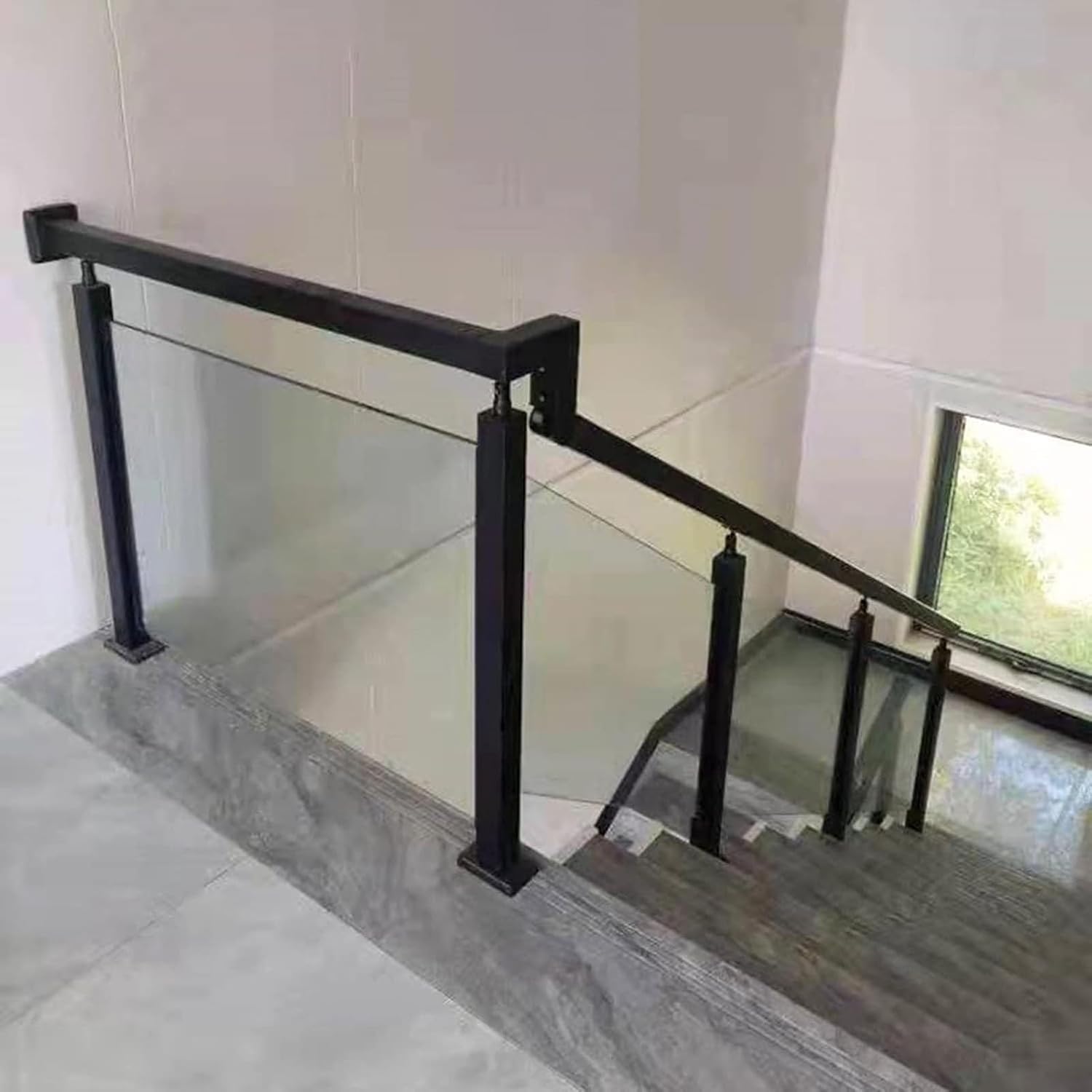 Black Glass Railing Post，for Indoor Outdoor, Heavy Duty Floor Standing Square Balustrade System, Deck Balcony Loft Guardrails，3/8' Or 1/2' Thick Tempered Glass Panels ( Color : Mid Post , Size : Heigh
