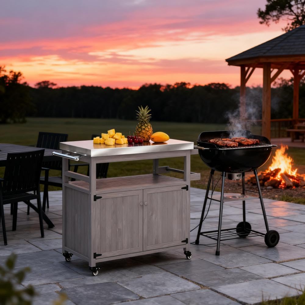 Outdoor Grill Table with Stainless Steel Top, Solid Wood Kitchen Island with Wheels, Spice Rack and Towel Holder, Outdoor Serving Cart Potting Table for Patio, BBQ, Kitchen, Grey