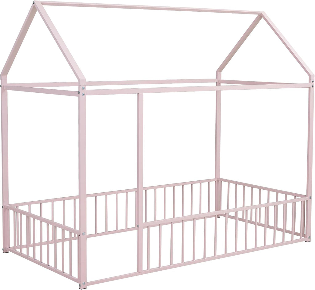 Bellemave Twin Size House Floor Montessori Bedframe with Rails and roof, Metal House Bed for Kids, Montessori Floor Beds for Kids,Pink