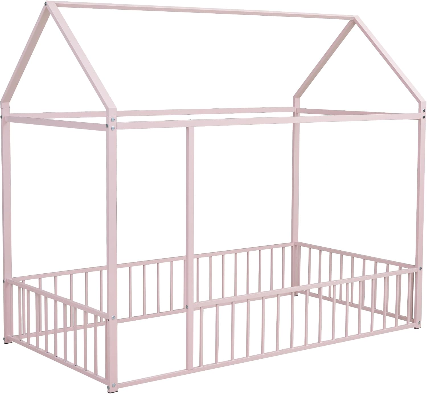 Bellemave Twin Size House Floor Montessori Bedframe with Rails and roof, Metal House Bed for Kids, Montessori Floor Beds for Kids,Pink