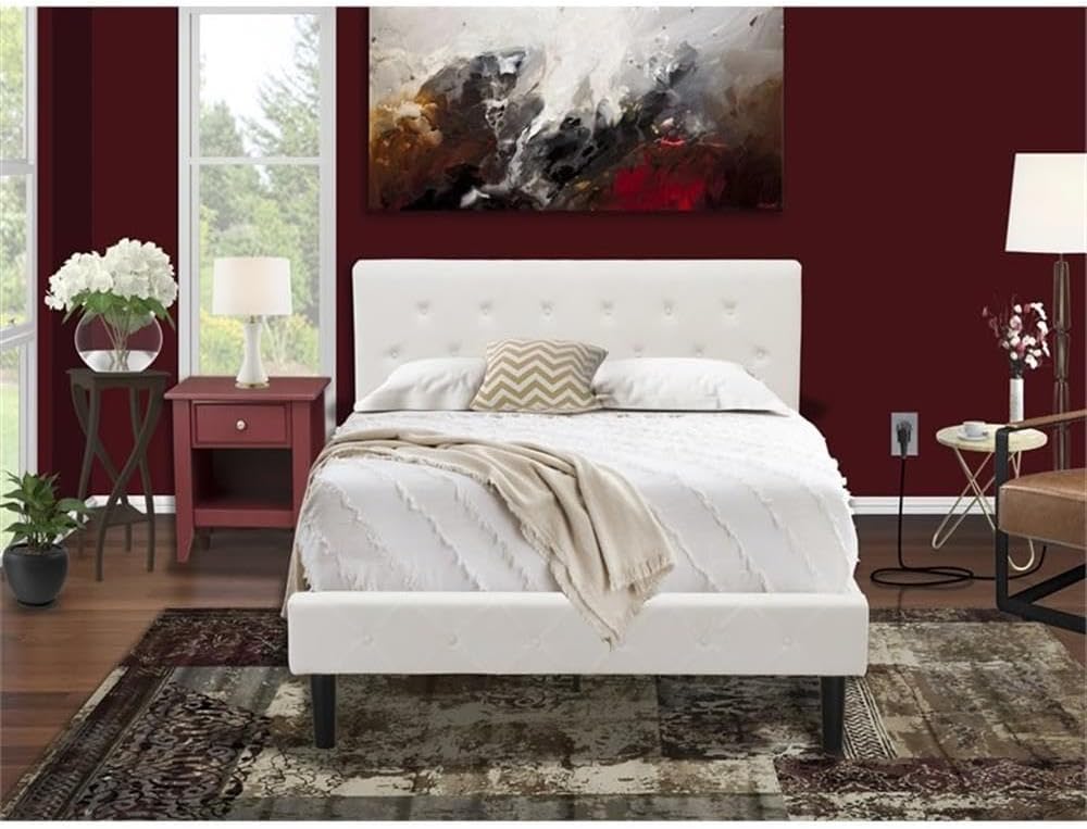 East West Furniture NL19F-1GA13 2 Piece Full Size Bed Set - Button Tufted Platform Bed Frame - Linen white Velvet Fabric Upholstered Headboard and a Burgundy Finish Nightstand