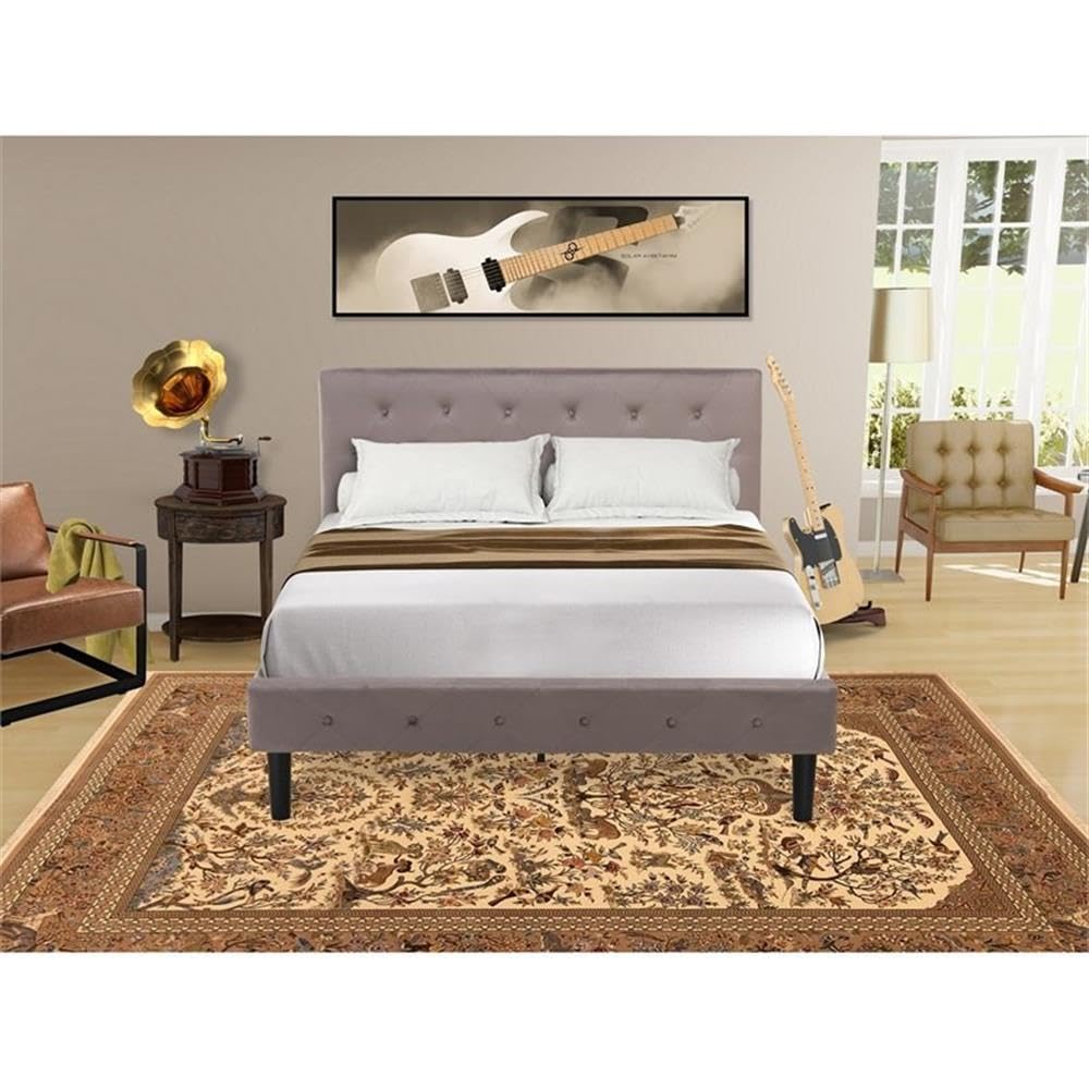 East West Furniture NL14F-1HI07 2 Piece Full Bedroom Set - Button Tufted Bed Frame - Brown Taupe Velvet Fabric Upholstered Headboard and a Distressed Jacobean Finish Nightstand