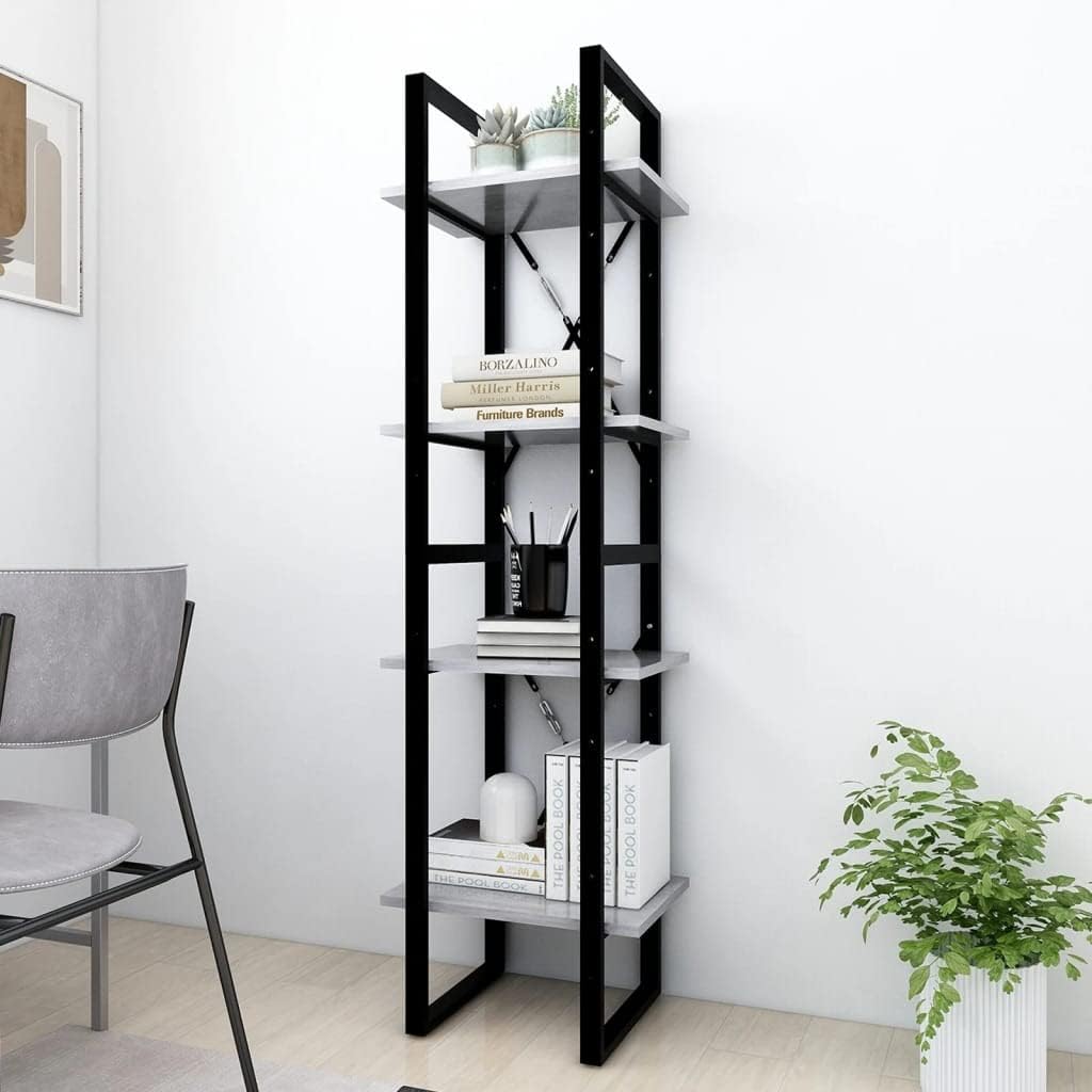 4-Tier Industrial Bookshelf, Modern Book Cabinet with Concrete Gray and Black Finish, Tall Storage Rack for Living Room, Home Office, Bedroom, 55.1 Inch Height