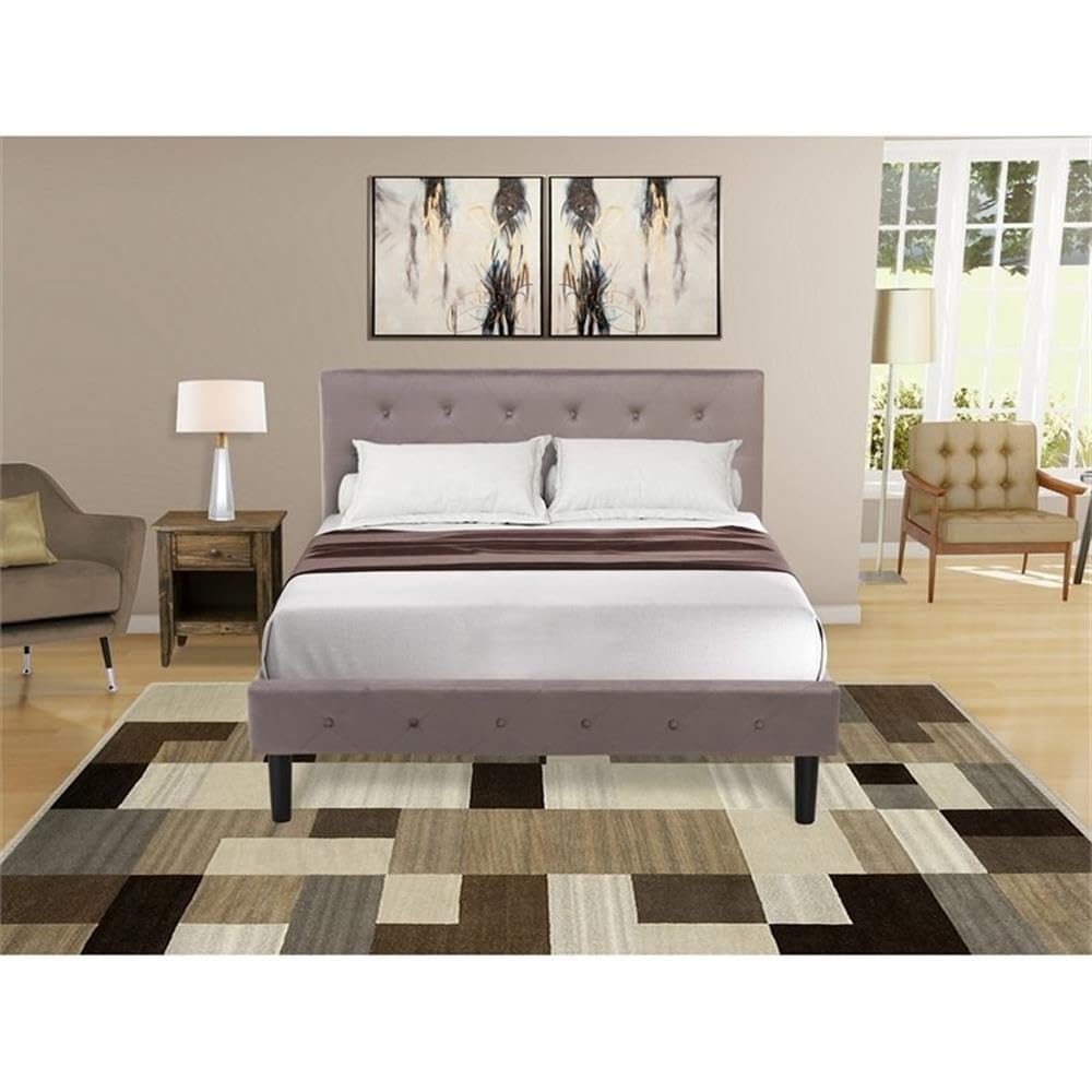 East West Furniture NL14F-1GA07 2 Piece Bedroom Set - Full Size Button Tufted Bed Frame - Brown Taupe Velvet Fabric Upholstered Headboard and a Distressed Jacobean Finish Nightstand