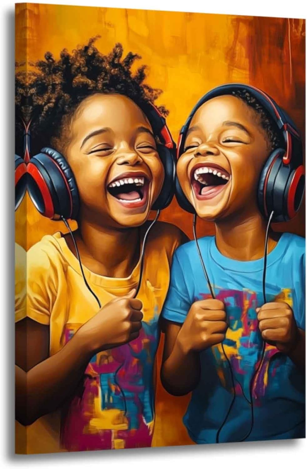 XLMDYYSW African American Wall Art Two African Children with Headphones Picture Black Kids Music Canvas Print Kid Laughter Painting Boy Girl Room Decor Frame (42L x 28W)