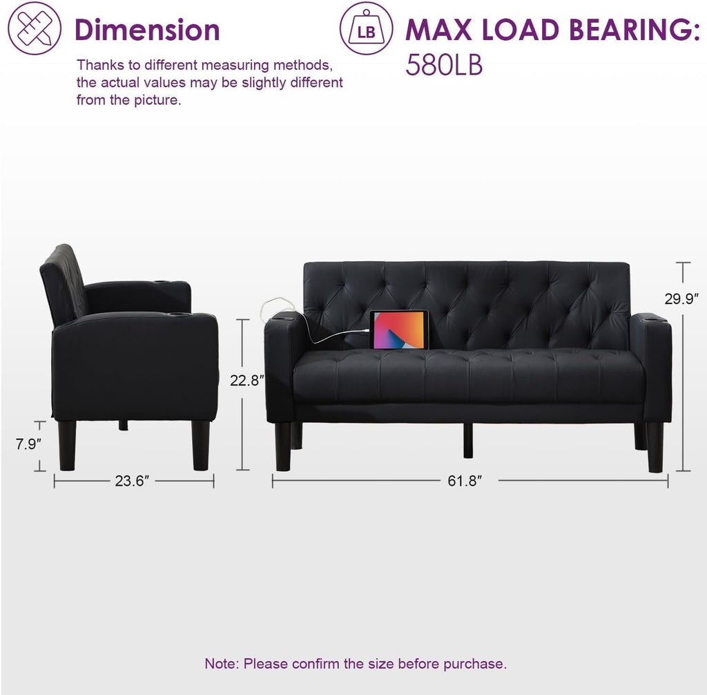TYBOATLE Mid-Century Modern Tufted Black Faux Leather Loveseat Sofa Set w/ 2 USB & 2 Cupholders, 2 Piece Living Room Furniture Sets, Small Love Seat Couches for Small Space Apartment Bedroom Office