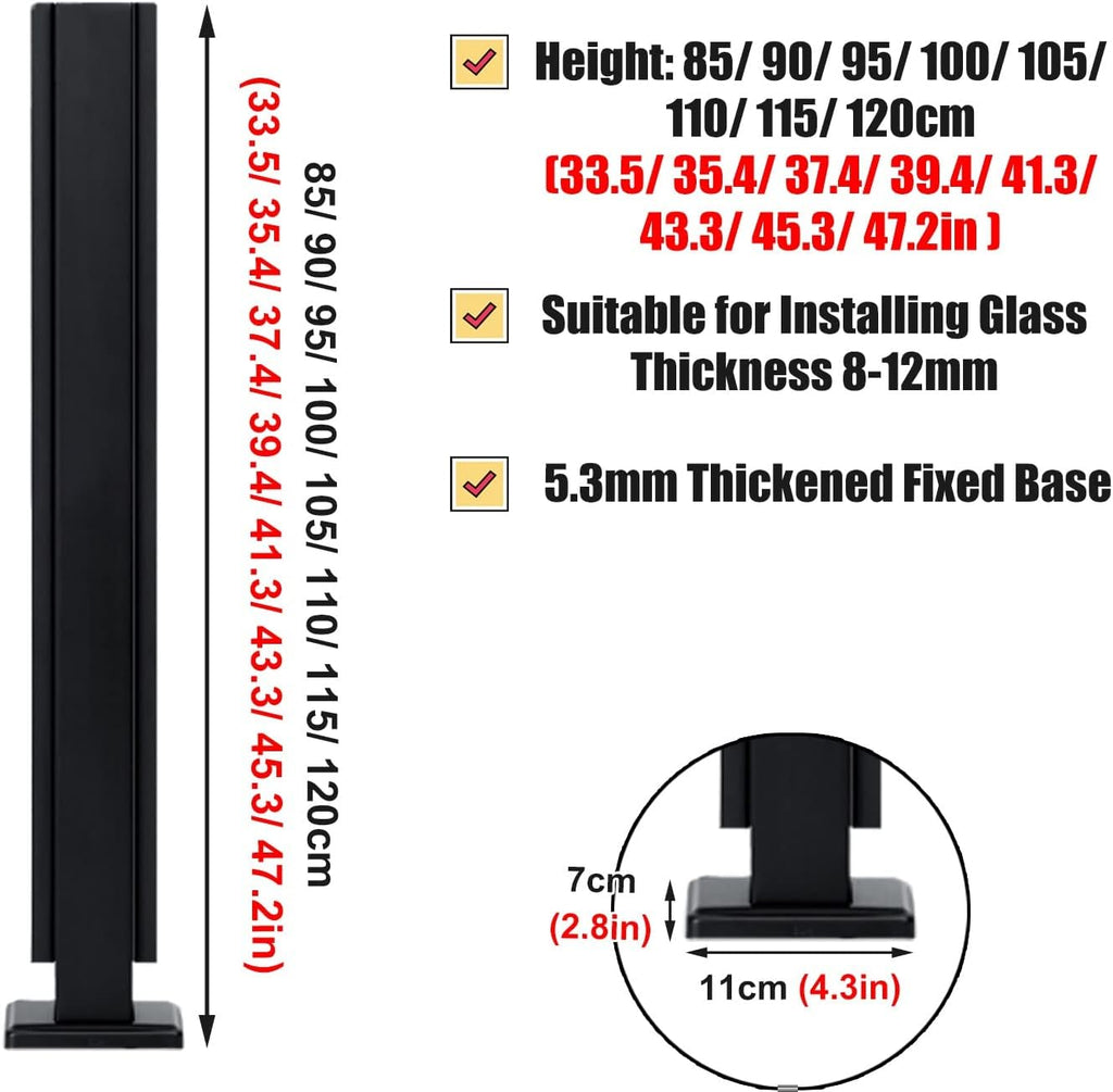 Glass Deck Railing System Glass Panel Post, Glass Railing Post Terraces Black Glass Railing Standoff, Anti-Rust Square Balustrade Panel Clamp for Deck Swimming Pool, Heavy Duty End/Middle/Corner Post(