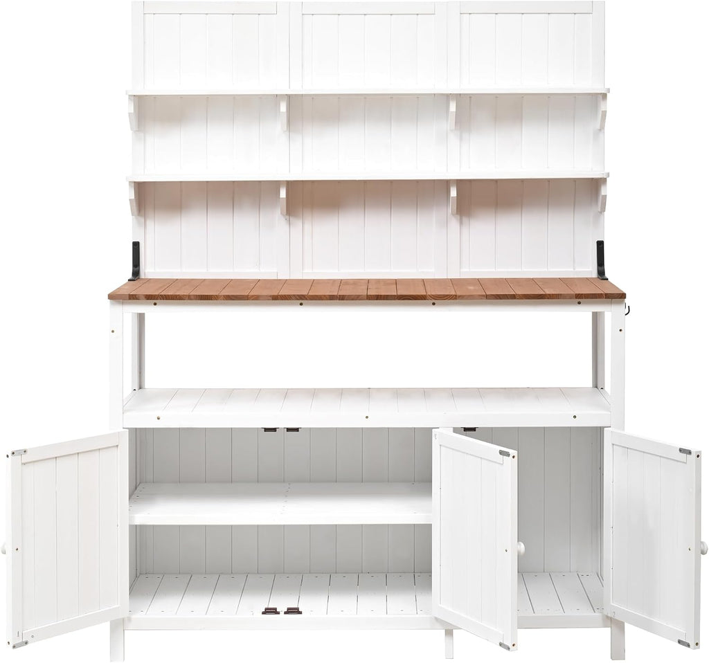 Merax Potting Bench,50.2' W Solid Fir Wood Garden Workstation, Large Countertop, 2 Shelves, 2 Cabinets, 3 Side Hooks, Outdoor Planting Table for Gardening, White