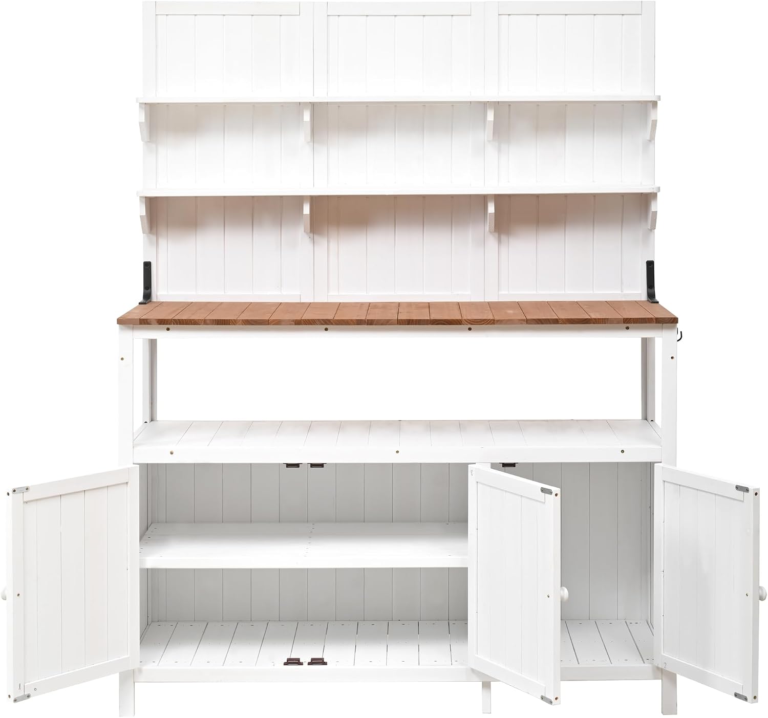 Merax Potting Bench,50.2' W Solid Fir Wood Garden Workstation, Large Countertop, 2 Shelves, 2 Cabinets, 3 Side Hooks, Outdoor Planting Table for Gardening, White