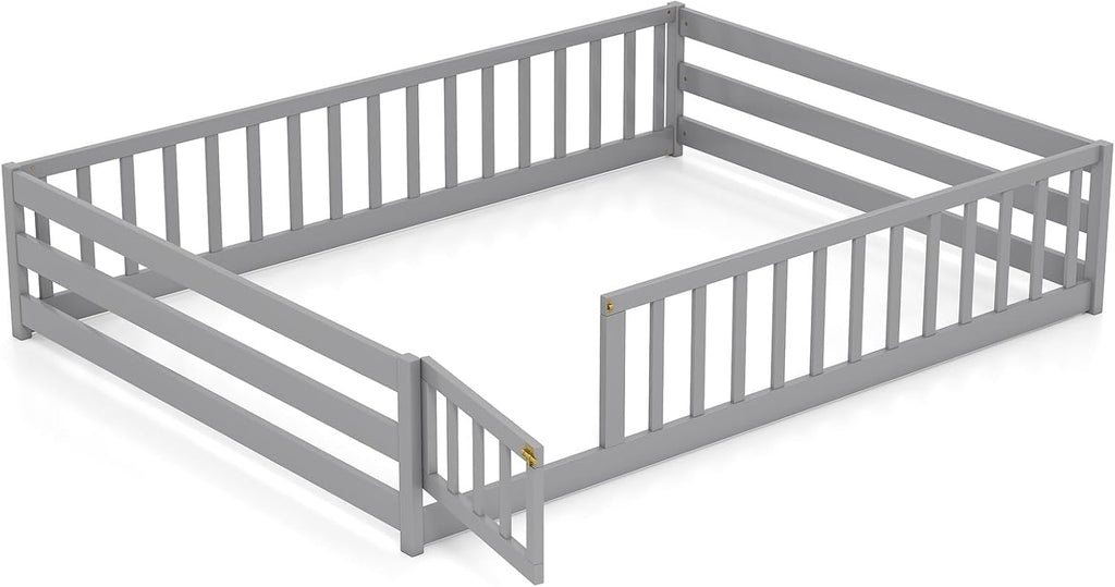 KOMFOTT Full Size Wood Floor Bed with Door & Fence, Montessori Bed Frame with Full Length Safety Guardrails, Door & Latch, Wooden Montessori Floor Bed for Kids, Girls, Boys (Full,Grey)