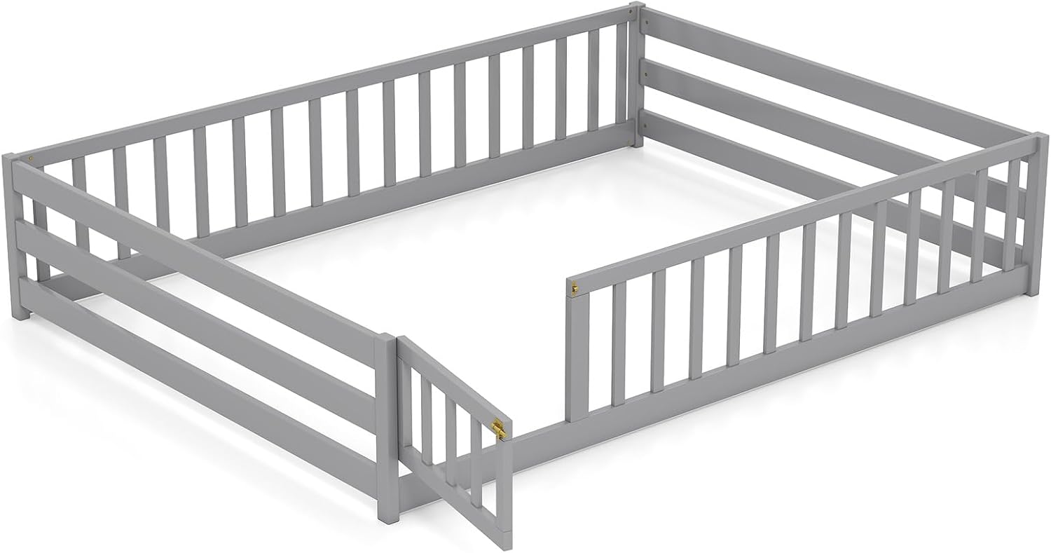 KOMFOTT Full Size Wood Floor Bed with Door & Fence, Montessori Bed Frame with Full Length Safety Guardrails, Door & Latch, Wooden Montessori Floor Bed for Kids, Girls, Boys (Full,Grey)