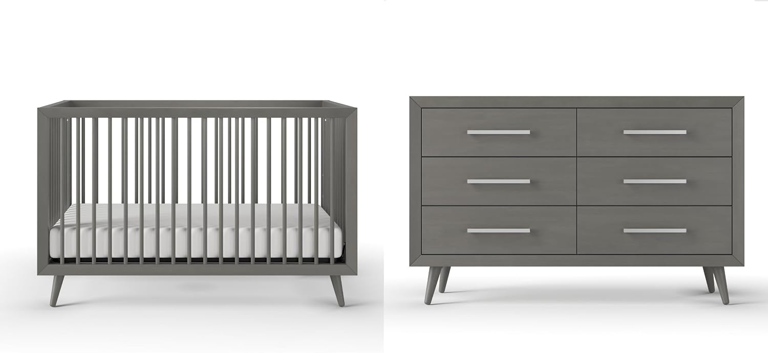 Child Craft Cranbrook Design 4-in-1 Convertible Baby Crib Nursery Furniture Set, Baby Bed and 6 Drawers Double Dresser, for Babies, Toddlers and Kids Bedroom (2 Piece - Lunar Gray)