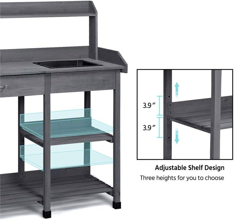 Potting Bench Table Garden Workbench Greenhouse Plastic Sink Indoor Outdoor Easy Assemble Balcony Elegant Wooden Work Planting Drawer Patio Furniture Hook Lawn Gardening Care Shelf Tools Hanging Towel