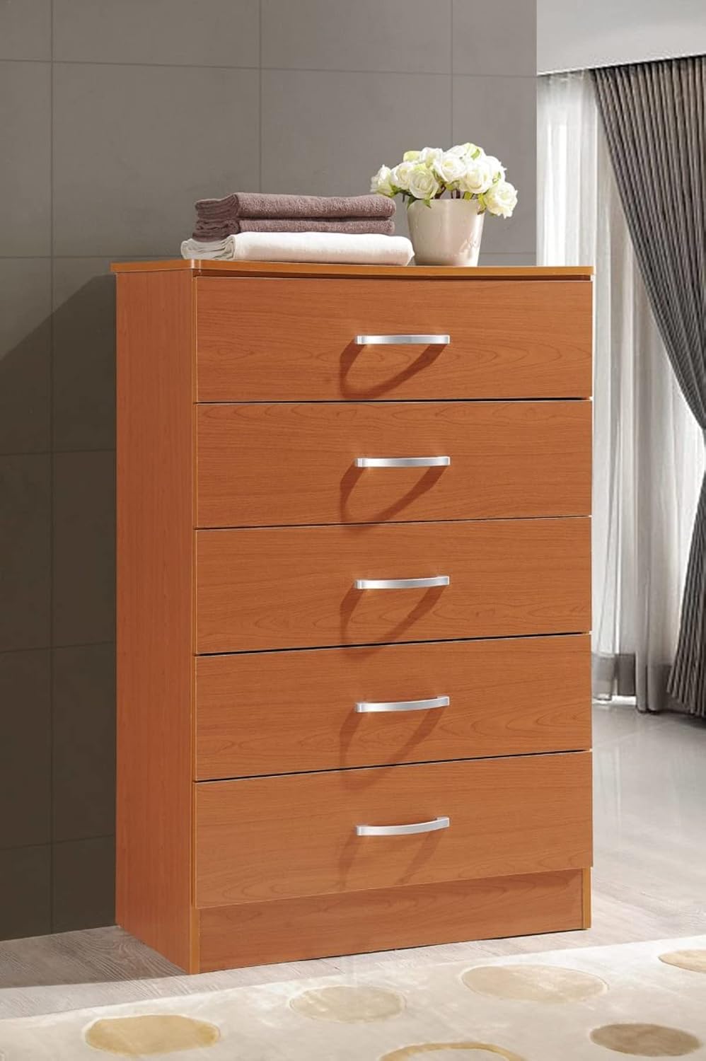HODEDAH 5 Drawer Wood Dresser for Bedroom, Chest of Drawers with Metal Rails for Support when Storing Clothing, Cherry, 47.8x31.5 inches