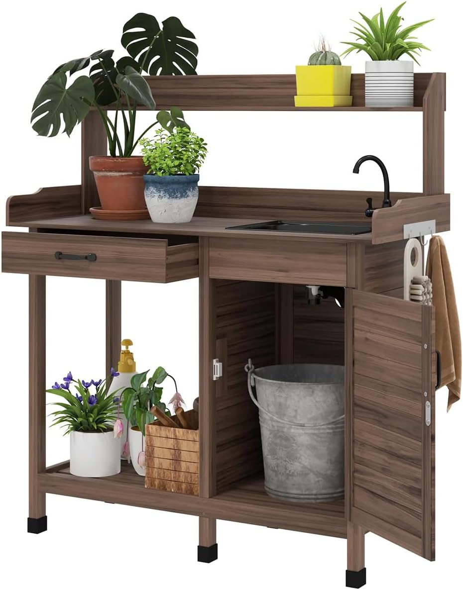 Natural Wood Outdoor Potting Bench with Storage Cabinet,Sink, Faucet and Hooks for Garden Lawn (Brown, 44.5 Inches)