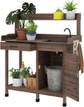 Natural Wood Outdoor Potting Bench with Storage Cabinet,Sink, Faucet and Hooks for Garden Lawn (Brown, 44.5 Inches)