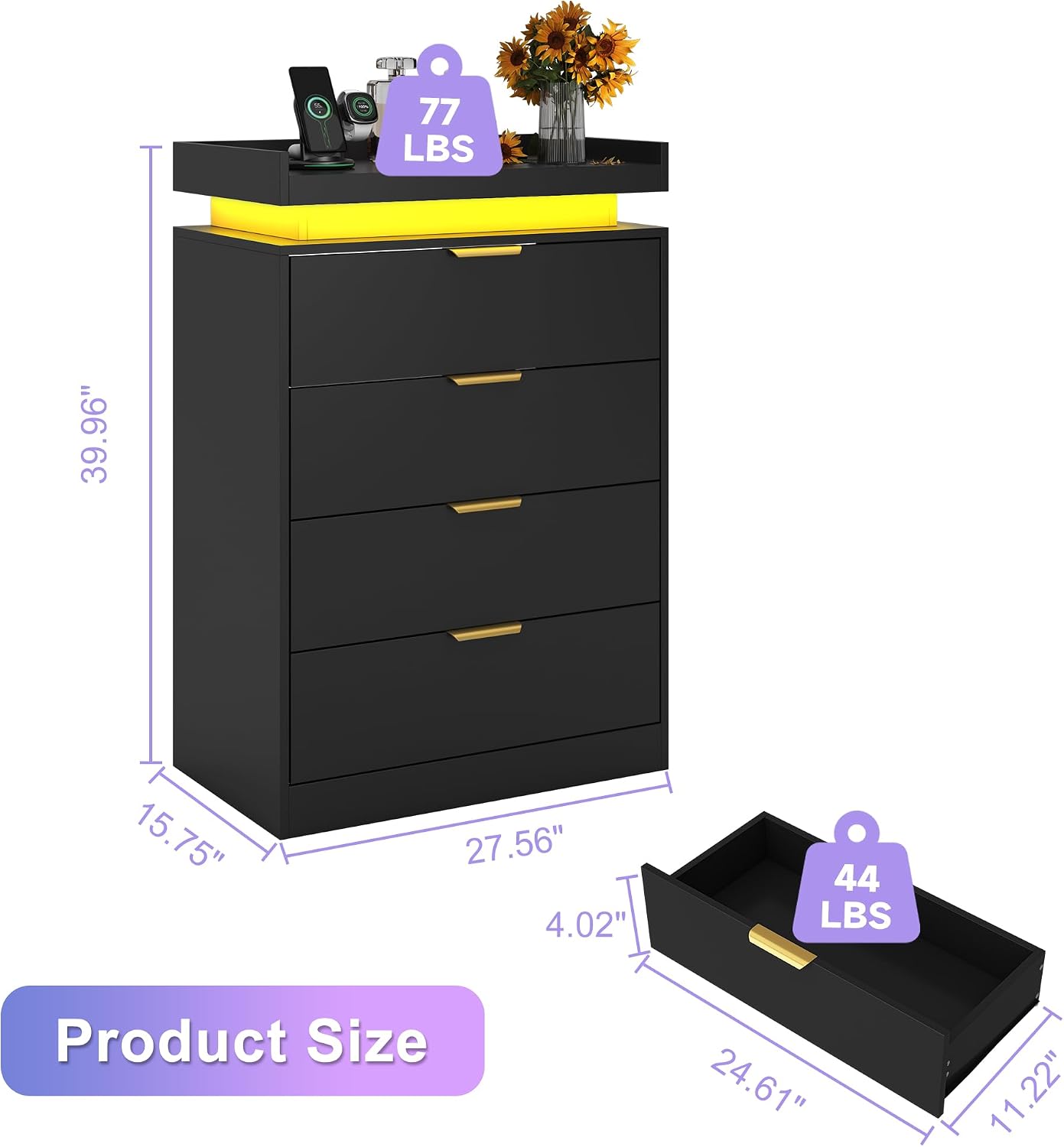 UNIQUITE Black Dresser with LED Lights and Power Outlet, Wooden 4 Drawer Dresser Tall Dresser for Bedroom, Modern Chest of Drawers Closet Organizer for Bedroom, Entryway, Hallway