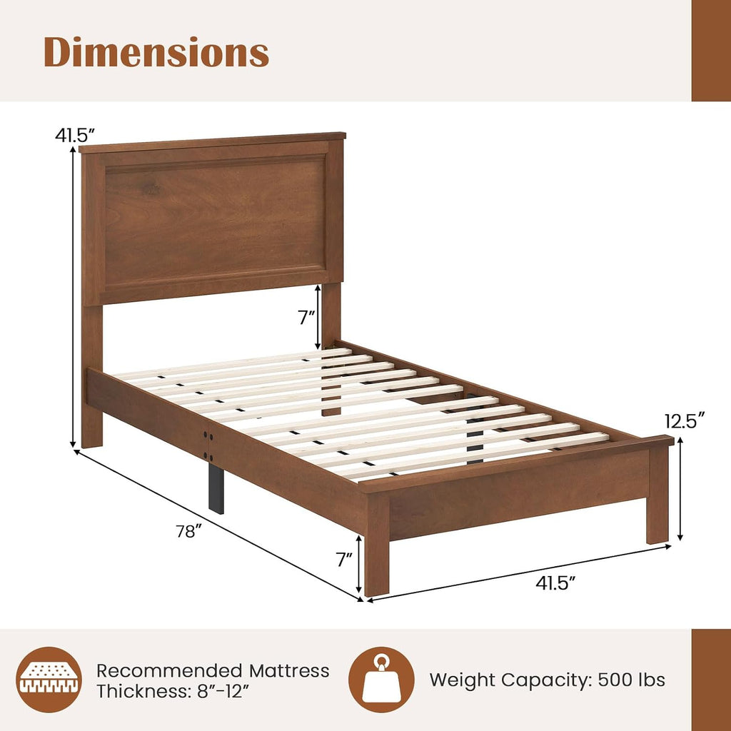 GOFLAME Twin Size Wood Bed Frame, Mid-Century Modern Platform Bed with Headboard, Solid Wood Legs, Mattress Foundation with 12 Wooden Slats, No Box Spring Needed, Walnut