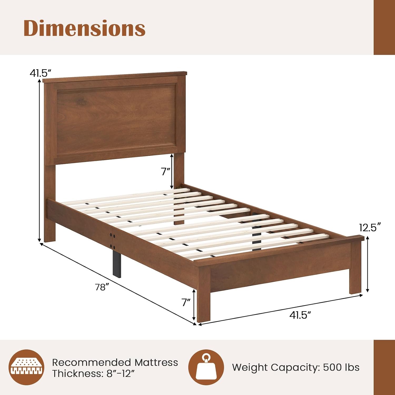 GOFLAME Twin Size Wood Bed Frame, Mid-Century Modern Platform Bed with Headboard, Solid Wood Legs, Mattress Foundation with 12 Wooden Slats, No Box Spring Needed, Walnut
