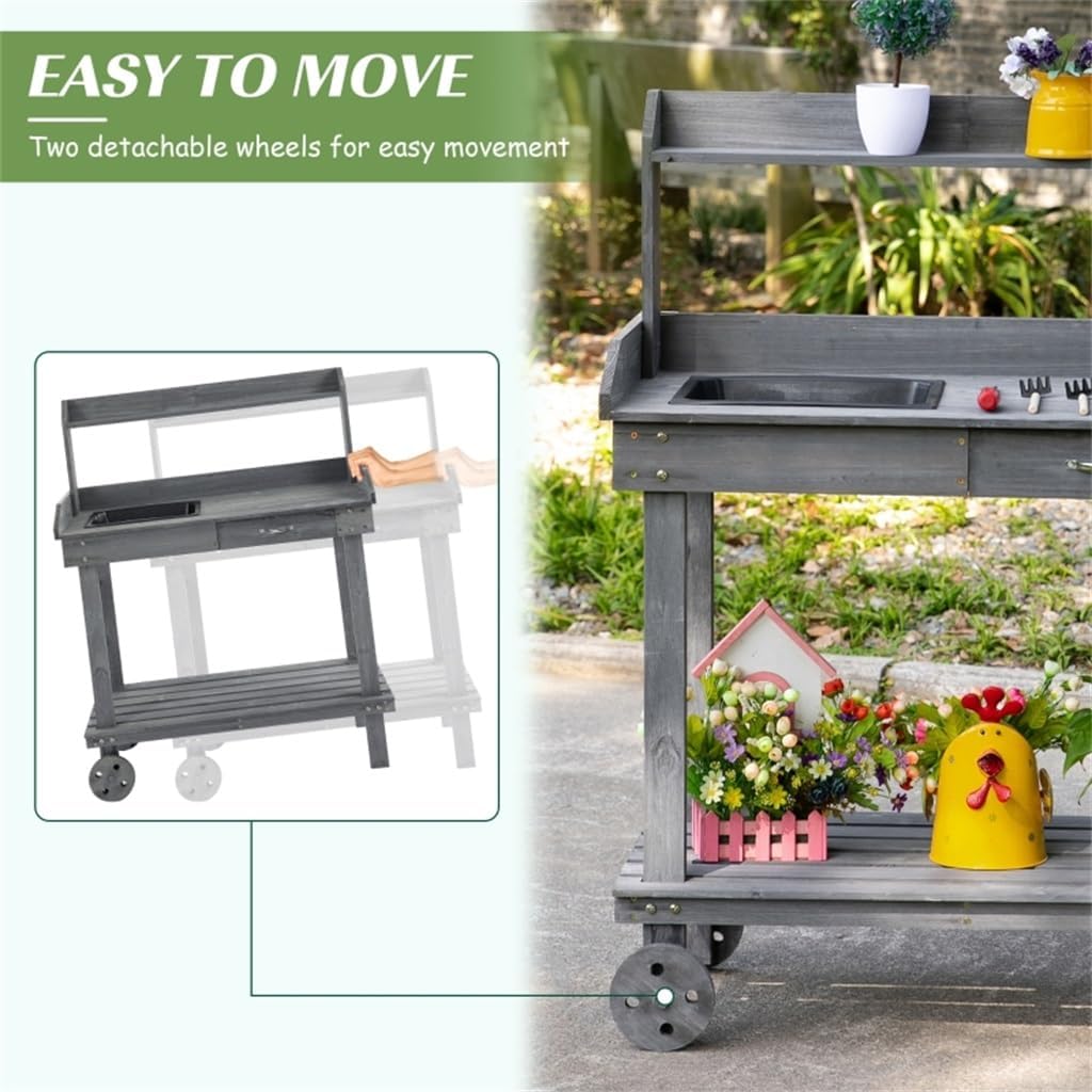 36'' Wooden Potting Bench Work Table W/ 2 Removable Wheels,Sink,Drawer Large Storage Spaces,for Outdoor Backyard Gardens