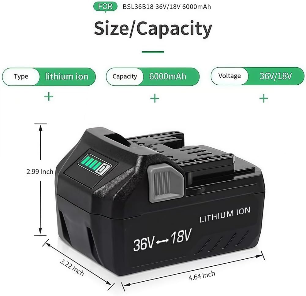 18V/36V Lithium-Ion Replacement Battery Compatible with Metabo HPT Multivolt Tools BSL36A18, BSL36B18, Fits 371751M, 372121M, High Capacity Cordless Power Tool Batteries Packs(6000mAh 2PCS)
