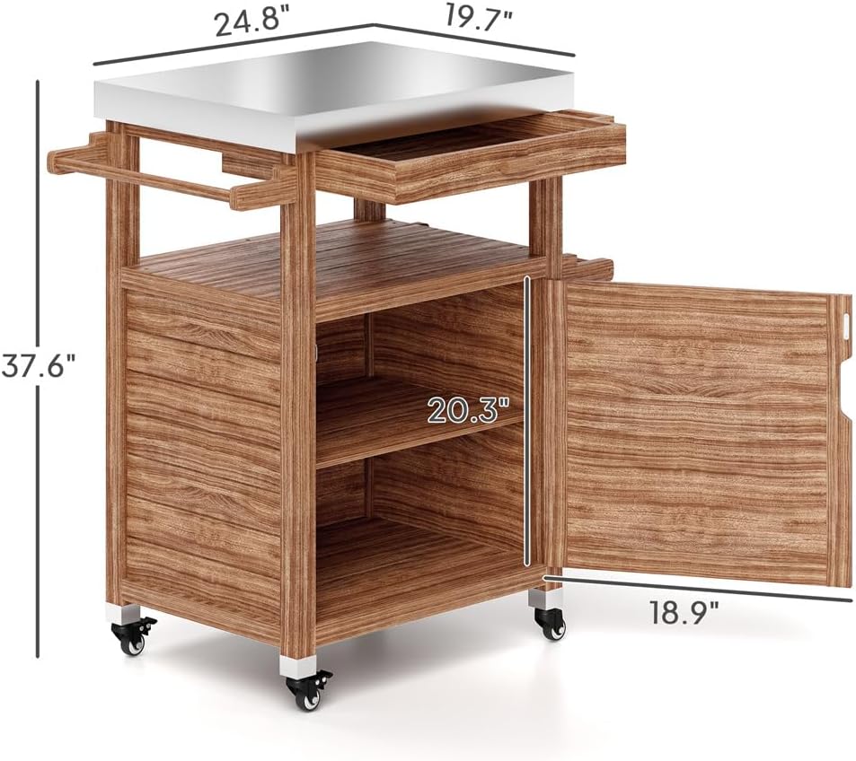 Outdoor Grill Cart with Storage Cabinet, Lockable Wheels & Spice Rack - Stainless Steel BBQ Prep Table for Pizza Oven, Serving Cart, Potting Table (Brown, 33.3' W)
