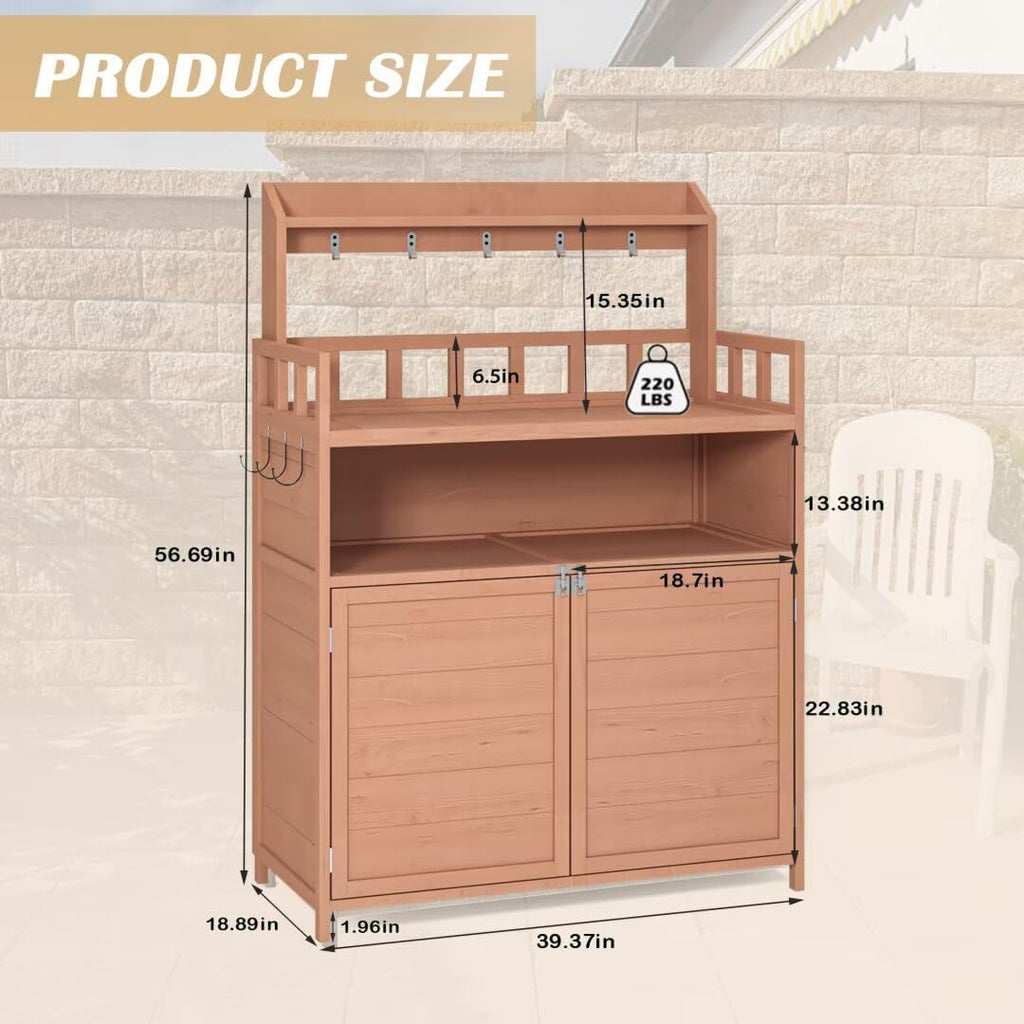 Potting Bench Outdoor Gardening Table for Outside Wood Garden Planting Workstation Work Benches with Large Storage Cabinet & Top Shelf for Patio,Brown