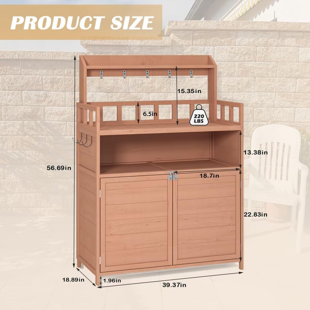 Potting Bench Outdoor Gardening Table for Outside Wood Garden Planting Workstation Work Benches with Large Storage Cabinet & Top Shelf for Patio,Brown