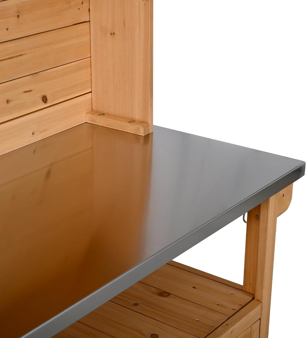 Outdoor Garden Potting Bench, Table Work Bench Metal Tabletop with Potting Bench Table Large Outdoor Kitchen Island Prep Station Cabinet Drawer Open Shelf Natural Wood (Natural)