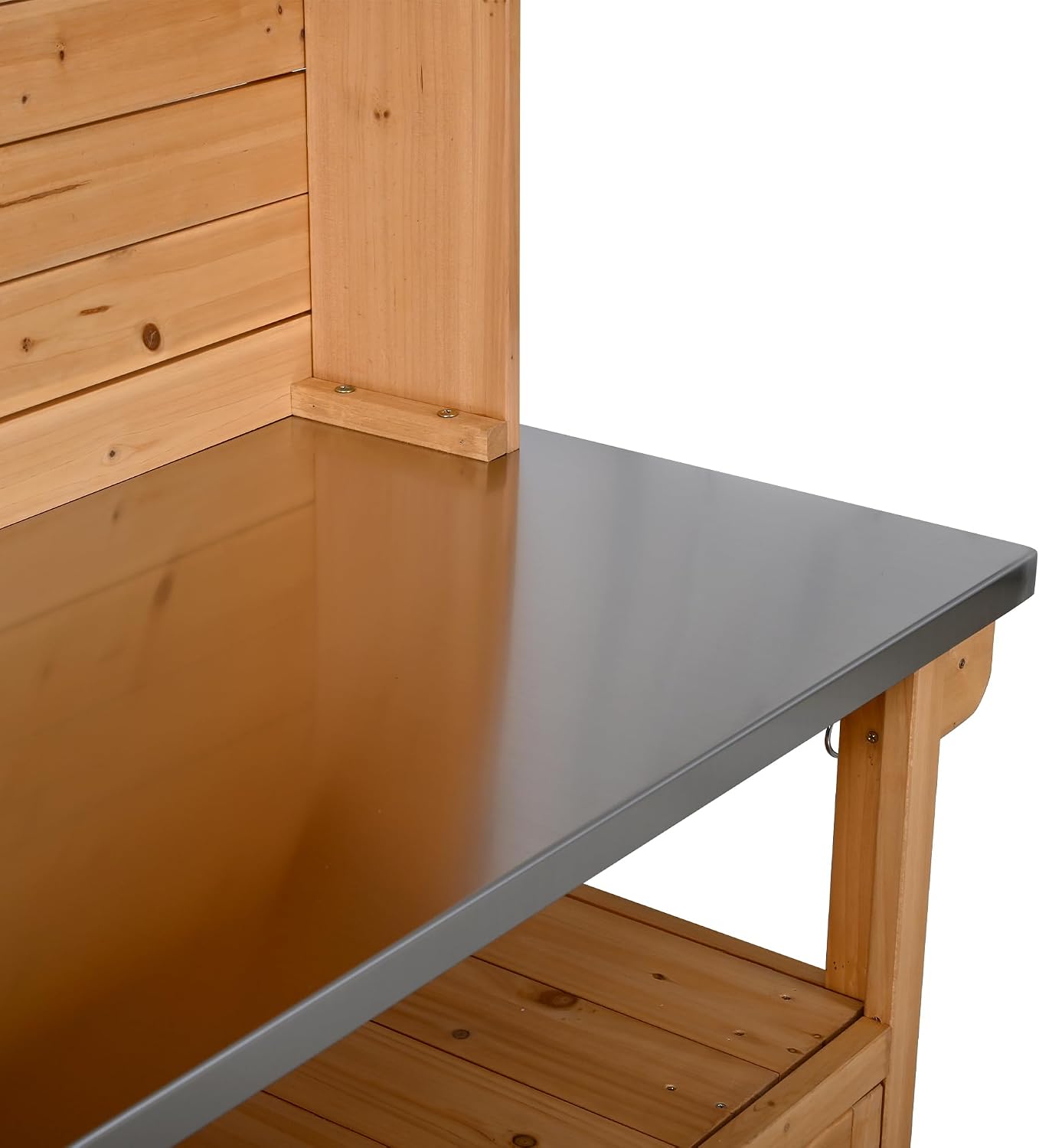 Outdoor Garden Potting Bench, Table Work Bench Metal Tabletop with Potting Bench Table Large Outdoor Kitchen Island Prep Station Cabinet Drawer Open Shelf Natural Wood (Natural)