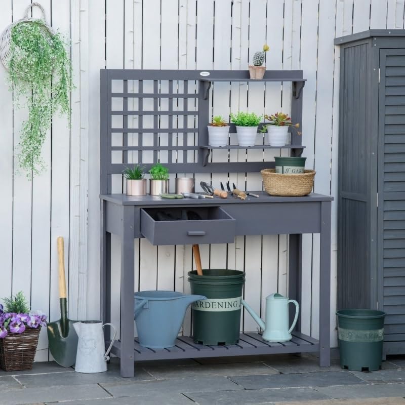 Grey Potting Bench Table, Garden Work, Outdoor Wooden Workstation with Tiers of Shelves and Drawer