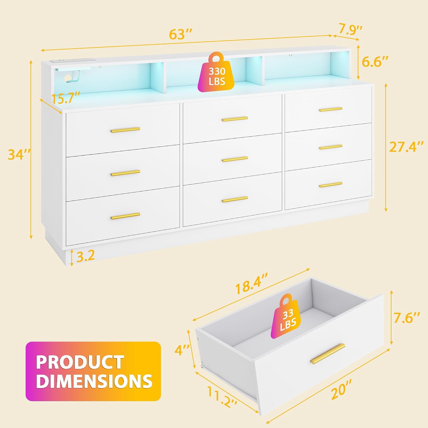 knoworld White 9 Drawer Dressers for Bedroom, Modern Large Dresser with LED Light and Power Outlet, Wooden Long Dresser, Triple Dressers for Bedroom, Entryway, Hallway