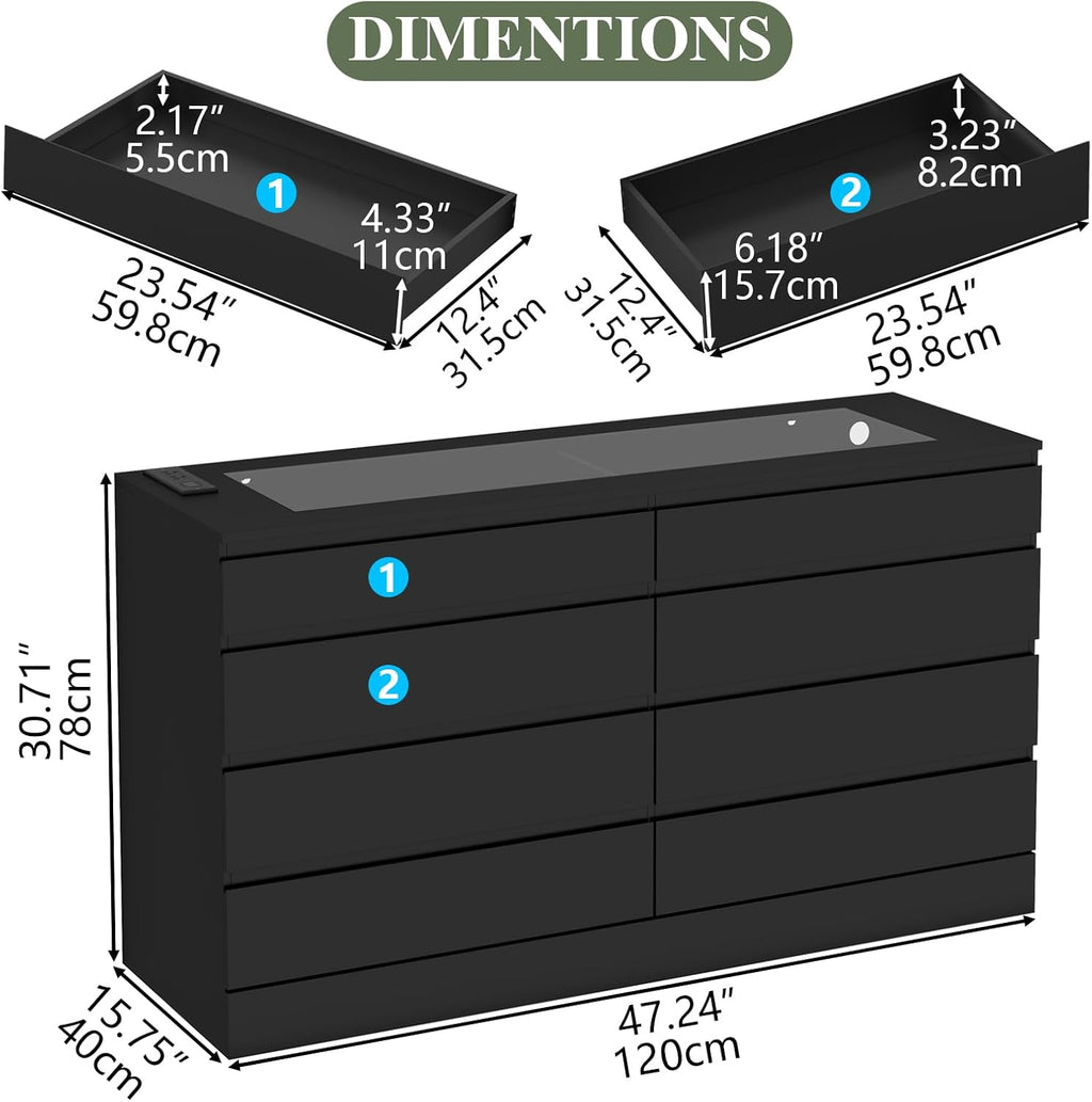 Gyfimoie 8 Drawer Dresser with Power Outlet, White Dresser for Bedroom Chest of Drawer with Glass Top & LED Light, Modern Double Wide Drawer Organizer Cabinet for Living Room (Black)