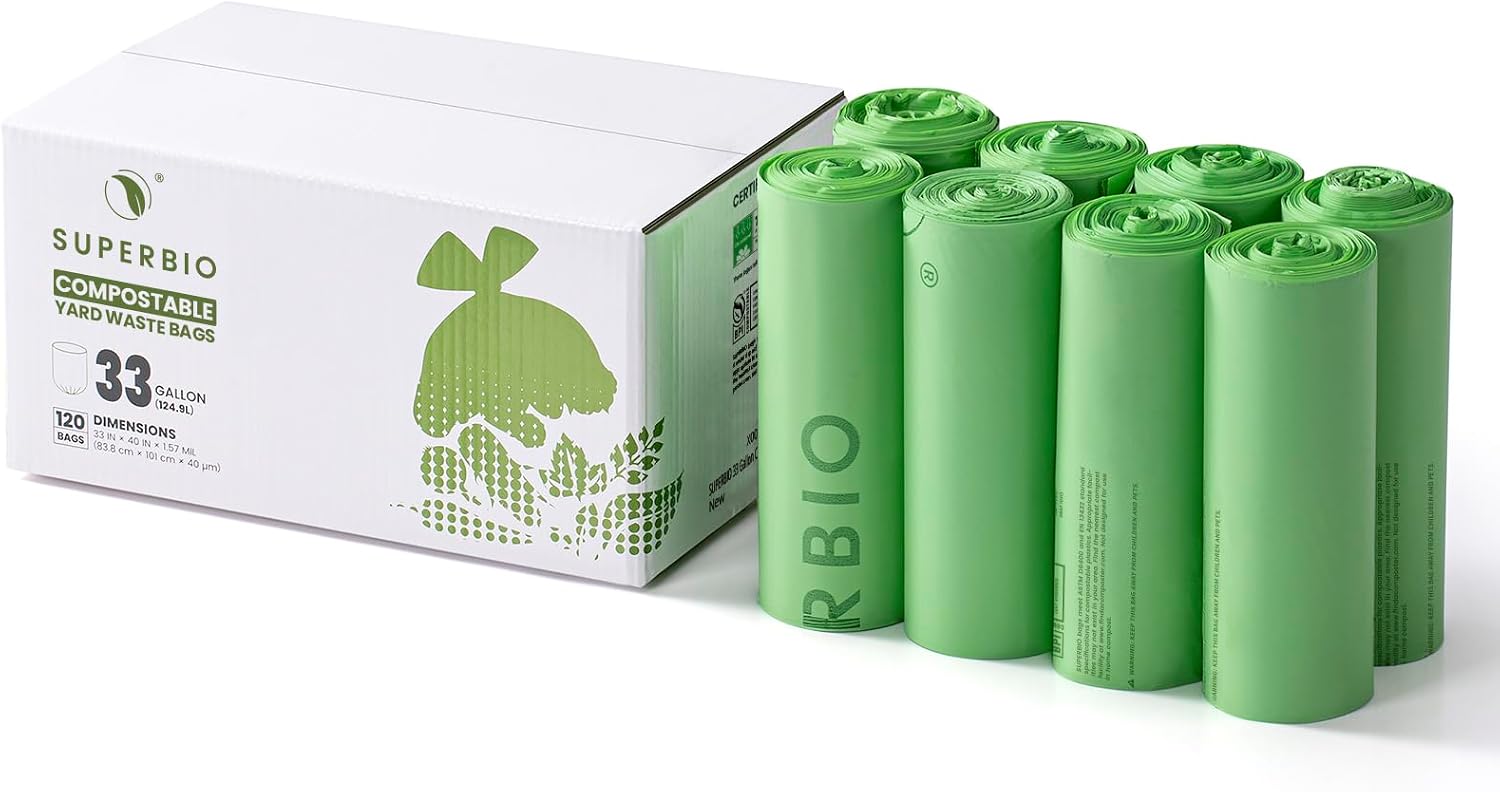 SUPERBIO 33 Gallon Compostable Yard Waste Bags, Lawn & Leaf Bags, Extra Thick 1.57 Mil (120 Count Bulk), BPI and OK compost INDUSTRIAL