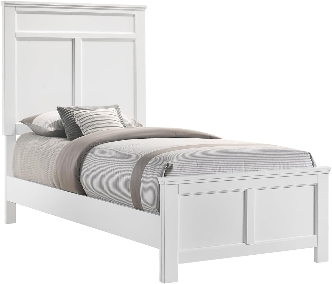 HomeStock Wood Panel Bed - White Finish - Bedroom Furniture with Headboard Twin