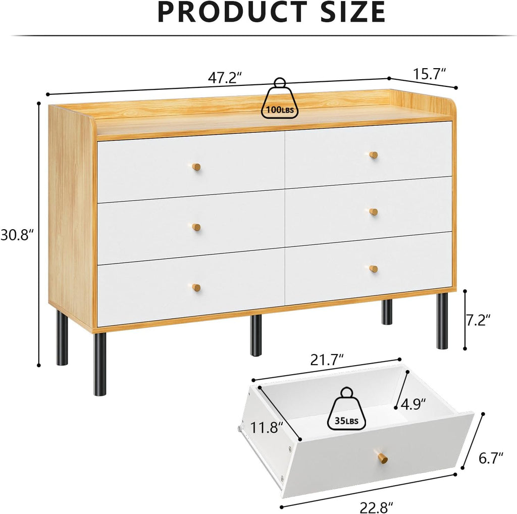 LYNSOM Dresser for Bedroom, 6 Drawer Natural Wood Dresser with Wide Drawer and Metal Handles, Modern Dressers & Chests of Drawers for Hallway Entryway