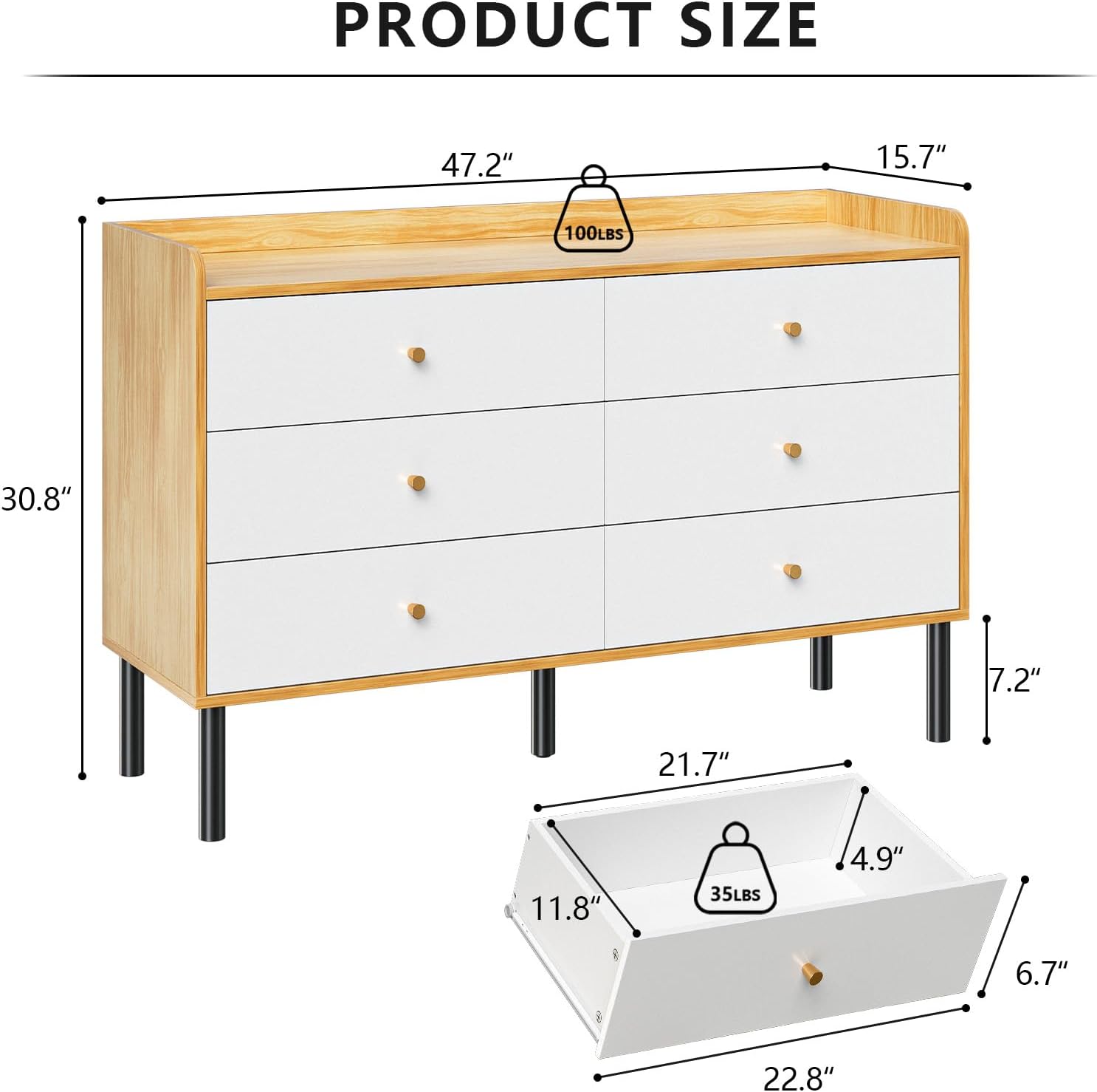 LYNSOM Dresser for Bedroom, 6 Drawer Natural Wood Dresser with Wide Drawer and Metal Handles, Modern Dressers & Chests of Drawers for Hallway Entryway