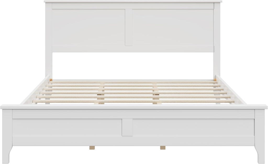 Queen Size Wood Bed Frame and Headboard, Modern Retro White Platform Beds Frames, Sturdy and Durable Design Mid Century Rustic Wooden Bedroom Set, No Box Spring Needed (White, Queen)